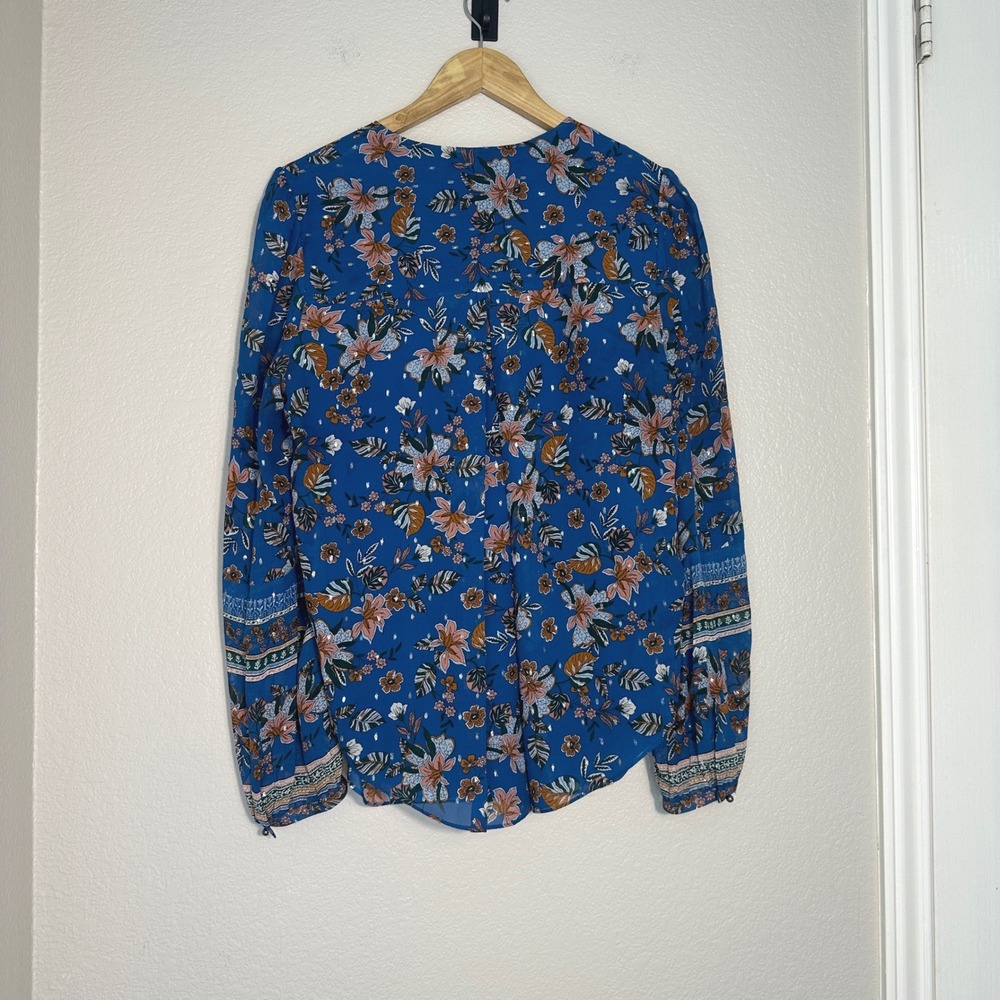 Veronica Beard Lowell Silk Floral Blue Silver Metallic Luxury Blouse, Size 10 - Picture 3 of 13
